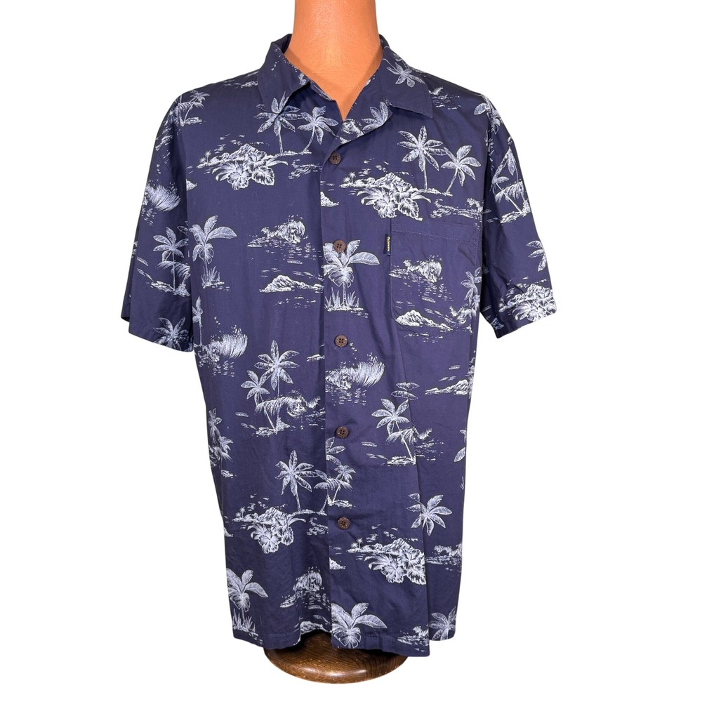Palmwave Hawaii Mens 2XL Navy Blue‎ Cotton Hawaiian Aloha Shirt Surfer Palm Tree